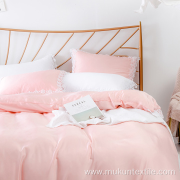 Pink 100% viscose rayon lace bedding sets